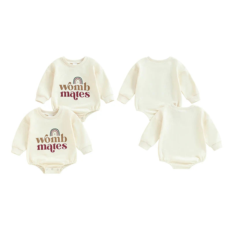 unisex 2Pcs Womb Makes Bubble Rompers Twins Clothes Rainbow Letter Print Long Sleeve Bodysuits