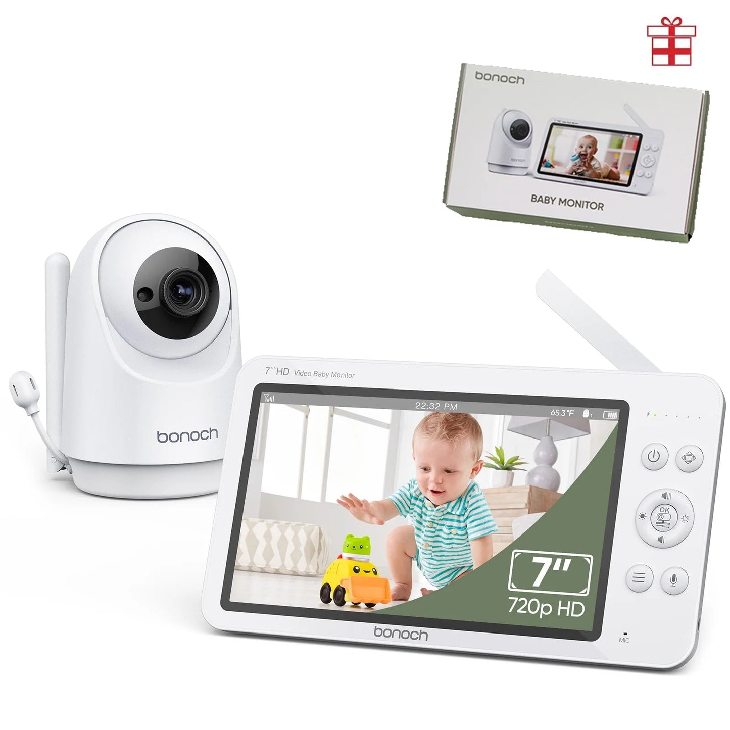Bonoch Megaview 7-Inch 720P Baby Monitor with Video Camera, Audio, Non-Wi-Fi, 6000mAh Battery, VOX Mode, and Automatic Night Vision