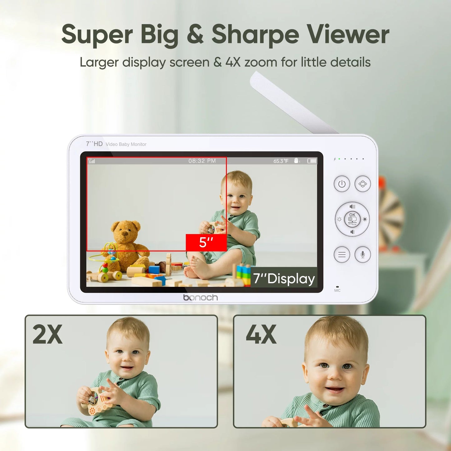 Bonoch Megaview 7-Inch 720P Baby Monitor with Video Camera, Audio, Non-Wi-Fi, 6000mAh Battery, VOX Mode, and Automatic Night Vision