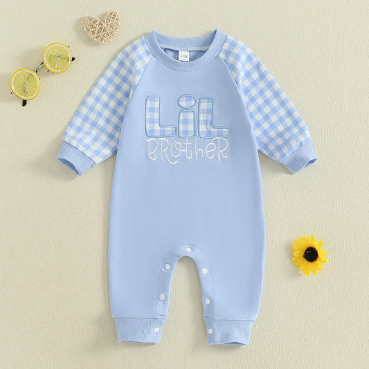 Baby Toddler Boy Lil Brother Fall Romper Plaid Print Letter Embroidery Long Sleeve Round Neck Full Length Jumpsuit