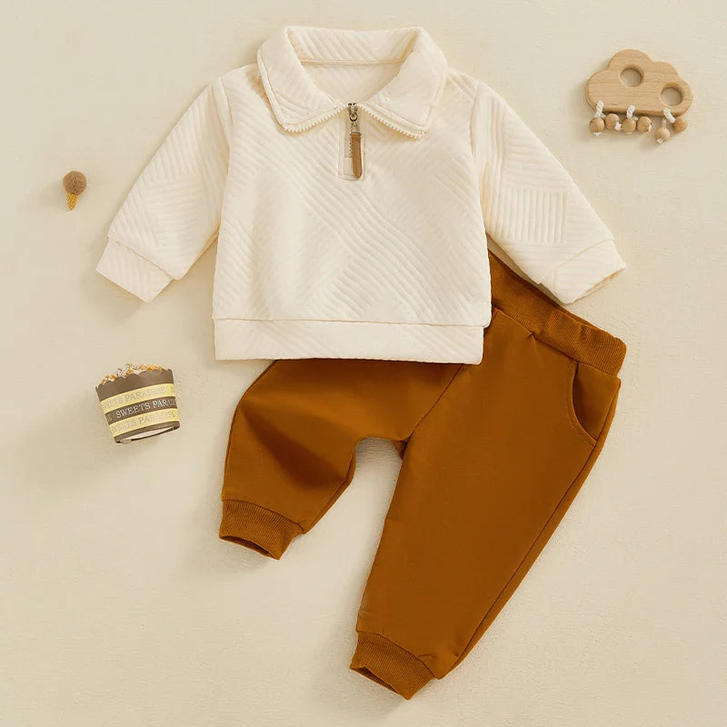 Toddler Boys 2Pcs Outfit Set Long Sleeve Lapel Half Zip Up Pullover Solid Color Pants Set