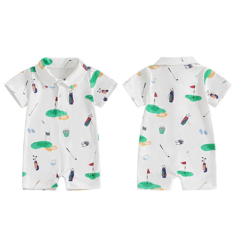 Unisex Golf Romper Half Button-up Lapel Neck Short Sleeve Jumpsuit Summer Clothes