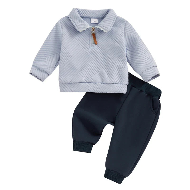 Toddler Boys 2Pcs Outfit Set Long Sleeve Lapel Half Zip Up Pullover Solid Color Pants Set