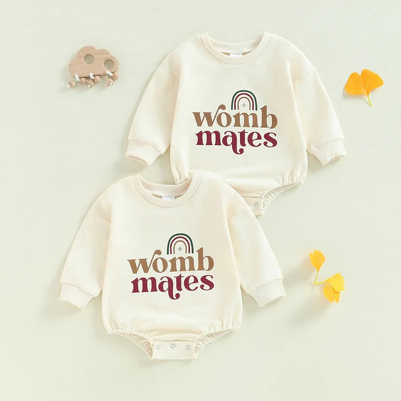 unisex 2Pcs Womb Makes Bubble Rompers Twins Clothes Rainbow Letter Print Long Sleeve Bodysuits