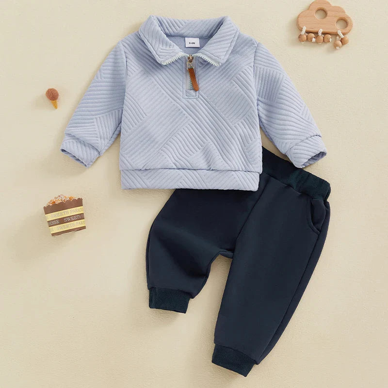 Toddler Boys 2Pcs Outfit Set Long Sleeve Lapel Half Zip Up Pullover Solid Color Pants Set