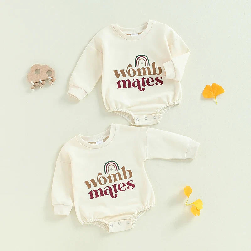 unisex 2Pcs Womb Makes Bubble Rompers Twins Clothes Rainbow Letter Print Long Sleeve Bodysuits