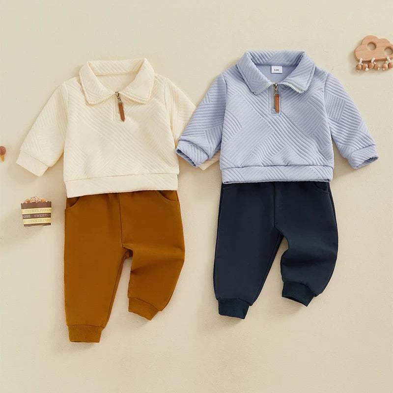 Toddler Boys 2Pcs Outfit Set Long Sleeve Lapel Half Zip Up Pullover Solid Color Pants Set