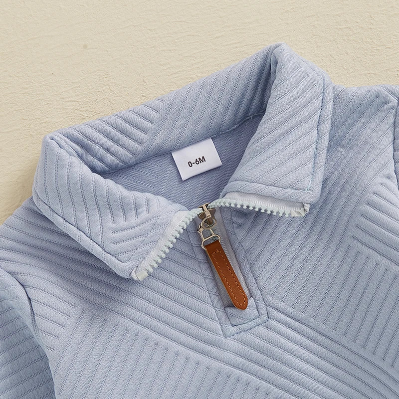 Toddler Boys 2Pcs Outfit Set Long Sleeve Lapel Half Zip Up Pullover Solid Color Pants Set