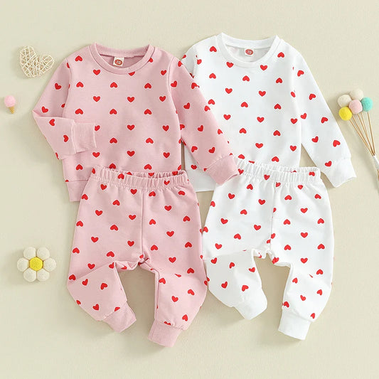 Baby and Toddler Girls 2Pcs Clothes Valentine's Day Outfits Long Sleeve Crewneck Heart Print Pants Set