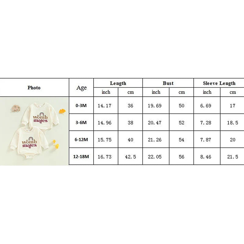 unisex 2Pcs Womb Makes Bubble Rompers Twins Clothes Rainbow Letter Print Long Sleeve Bodysuits