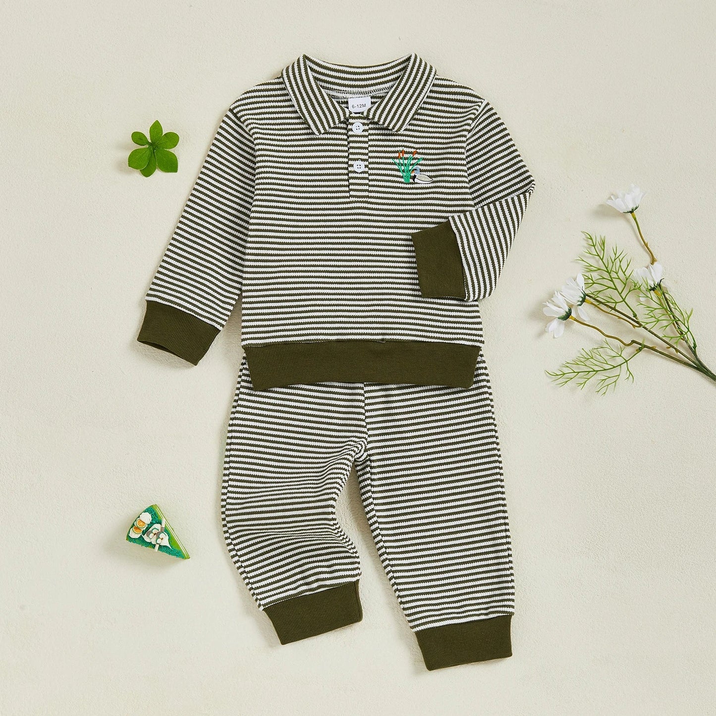 Baby Toddler Boys 2Pcs Long Sleeve Embroidery Duck Top with Striped Pants Infant Clothes Set