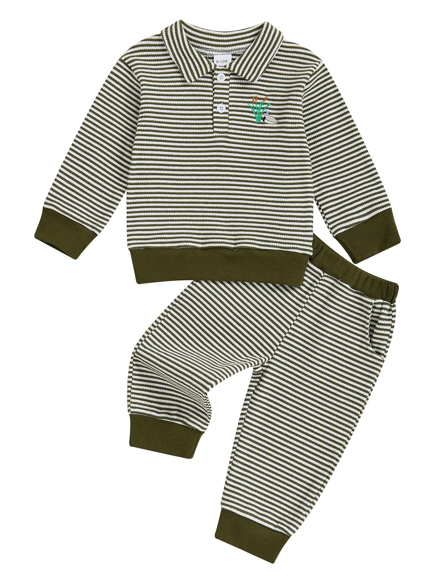 Baby Toddler Boys 2Pcs Long Sleeve Embroidery Duck Top with Striped Pants Infant Clothes Set