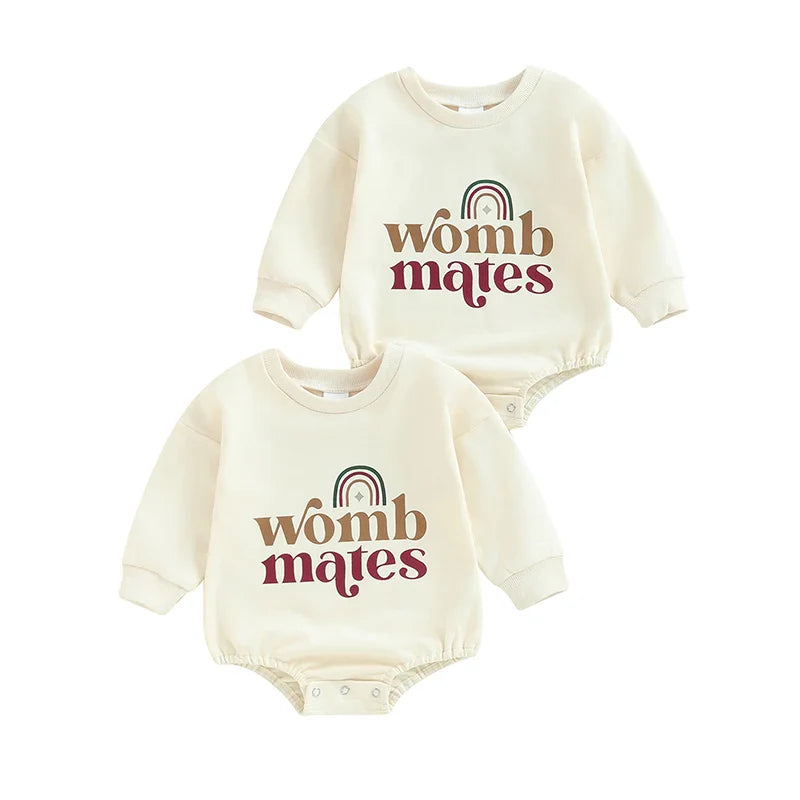 unisex 2Pcs Womb Makes Bubble Rompers Twins Clothes Rainbow Letter Print Long Sleeve Bodysuits