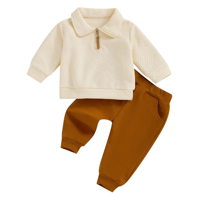 Toddler Boys 2Pcs Outfit Set Long Sleeve Lapel Half Zip Up Pullover Solid Color Pants Set