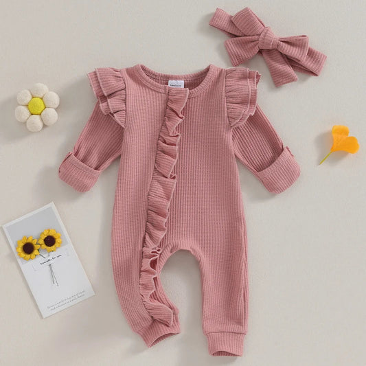 Babies Ruffle Zipper Romper Long Sleeve Jumpsuit with Bow Headband