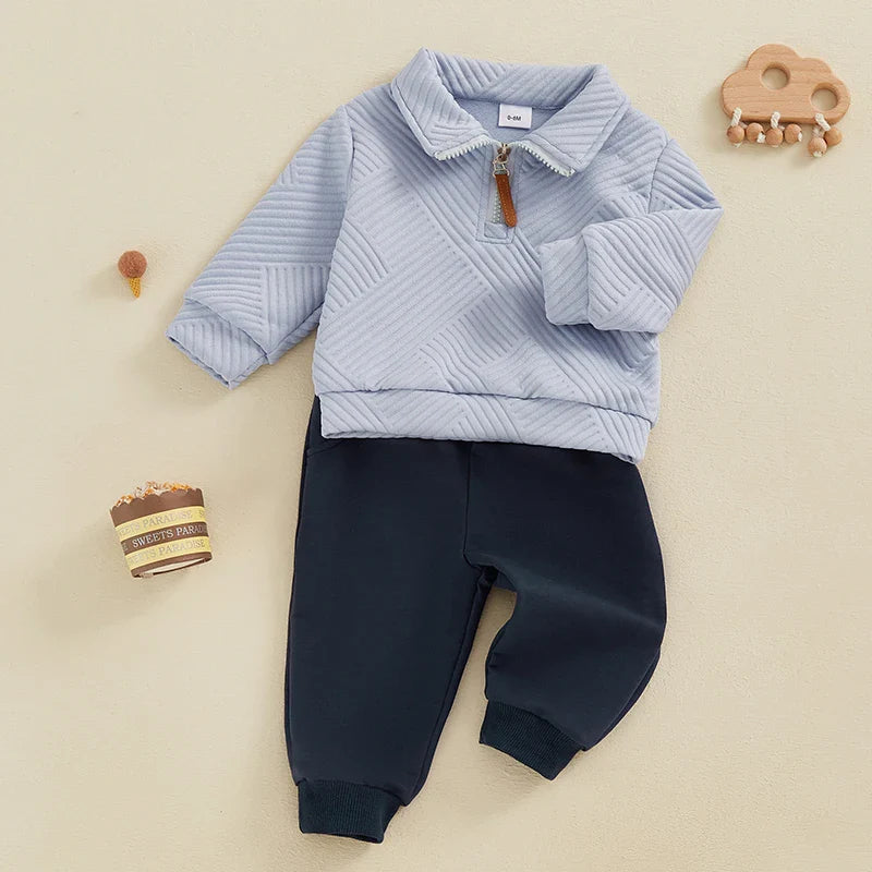 Toddler Boys 2Pcs Outfit Set Long Sleeve Lapel Half Zip Up Pullover Solid Color Pants Set