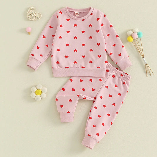 Baby and Toddler Girls 2Pcs Clothes Valentine's Day Outfits Long Sleeve Crewneck Heart Print Pants Set